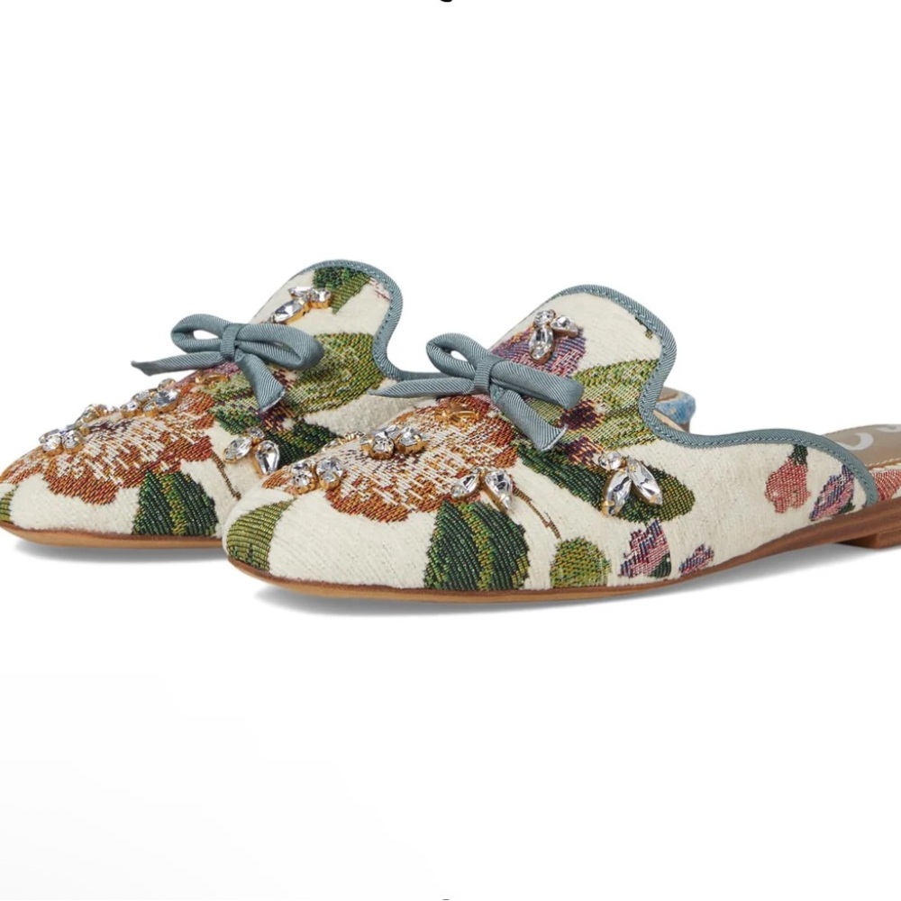 Circus by Sam Edelman Floral Embellished Bow Mules in Cream, Green and Blue